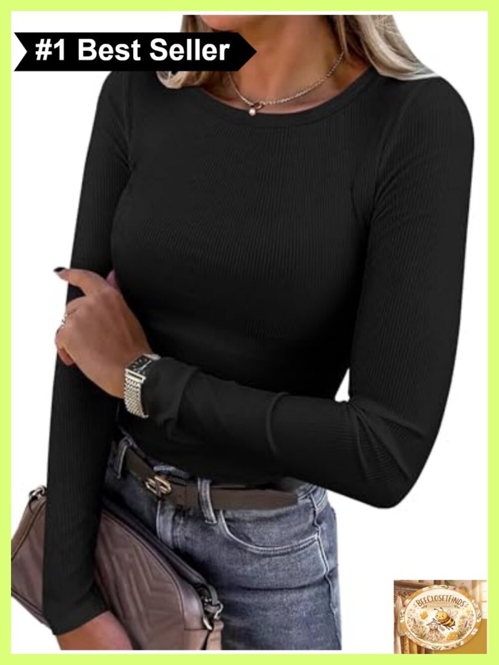 Women's Long Sleeve Ribbed Fitted T-Shirt Slim Fit Crew Neck Top